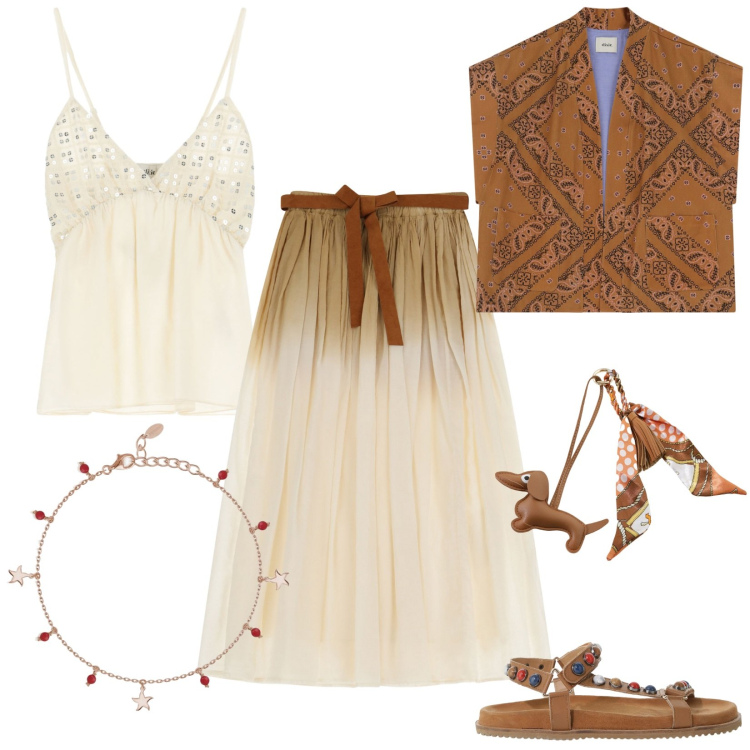 Outfit donna - Saldi Dixie. Stile Glamour per Tutti i giorni. Abbinamento con braccialetti con ciondoli, gonne lunghe, sandali, top, portachiavi, gilet.