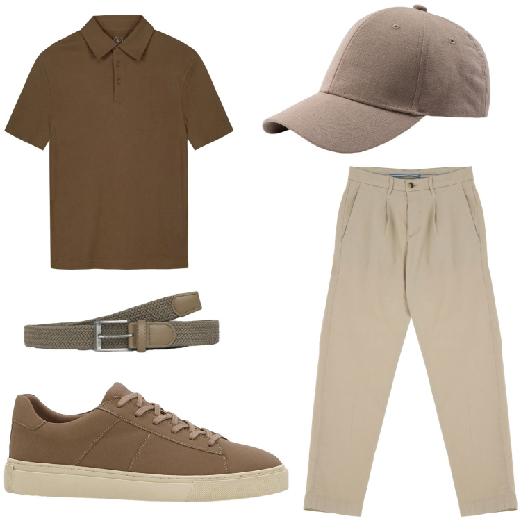 Outfit uomo - Casual in vacanza. Stile Casual per Tutti i giorni. Abbinamento con sneakers, cinture, pantaloni chino, polo, cappelli con visiera.
