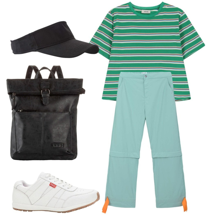 Outfit donna - City. Stile Urban per Tutti i giorni. Abbinamento con zaini, sneakers, cappelli con visiera, pantaloni cargo, t-shirt.