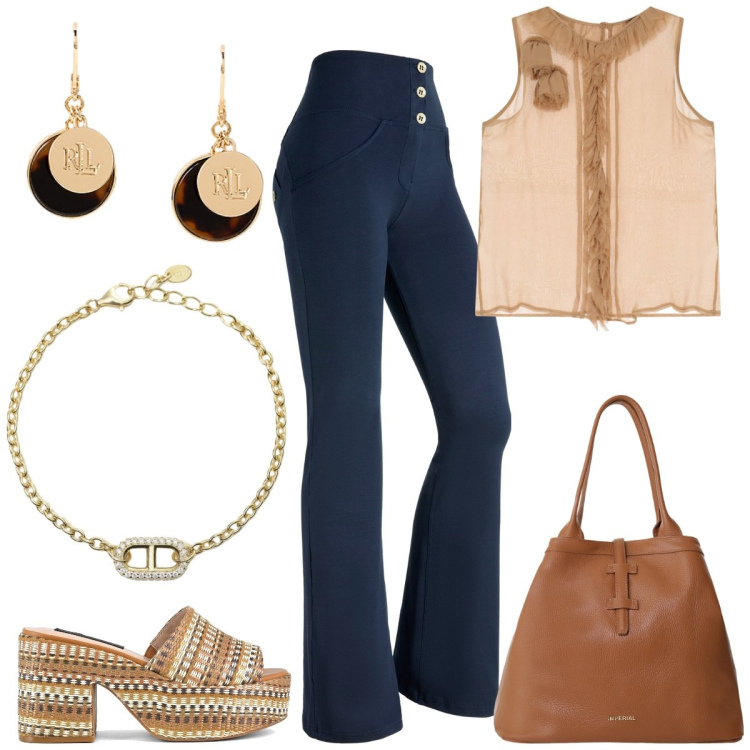 Outfit donna - Stile e eleganza. Stile Trendy per Tutti i giorni. Abbinamento con braccialetti, borse tote, pantaloni skinny, top, orecchini, zeppe.