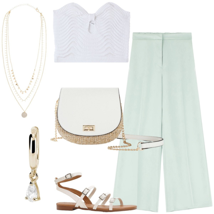 Outfit donna - In vacanza. Stile Minimal per Tutti i giorni. Abbinamento con borse a tracolla, collane, sandali, top, orecchini, pantaloni.
