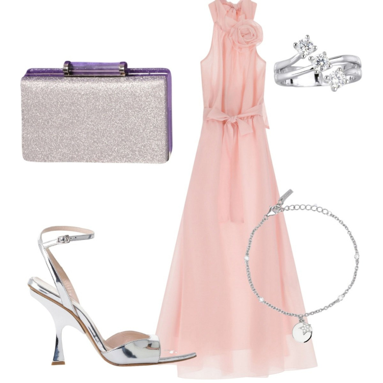 Outfit donna - Il matrimonio dell\'amica. Stile Romantica per Cerimonia. Abbinamento con braccialetti con ciondoli, anelli, pochette, vestiti lunghi, décolleté.