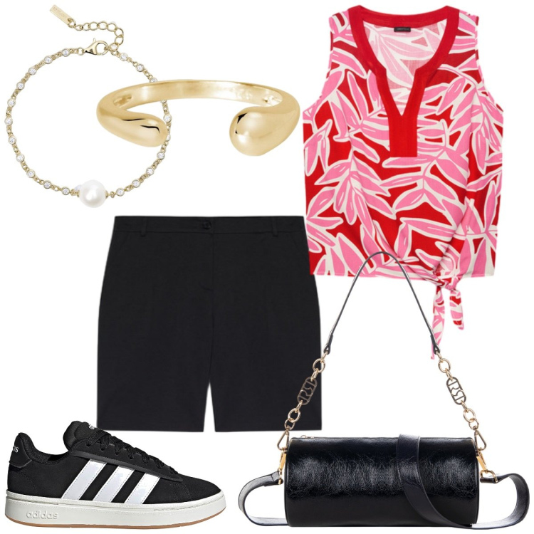 Outfit donna - Sportiva ma con classe. Stile Sporty chic per Tutti i giorni. Abbinamento con braccialetti, anelli, borse a mano, top, pantaloni corti, sneakers.