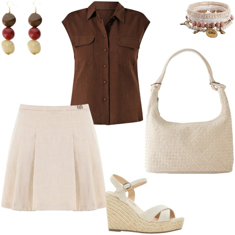 Outfit donna - Sconti Rinascimento. Stile Casual chic per Tutti i giorni. Abbinamento con braccialetti, sandali, shopping bag, camicie, gonne, orecchini.