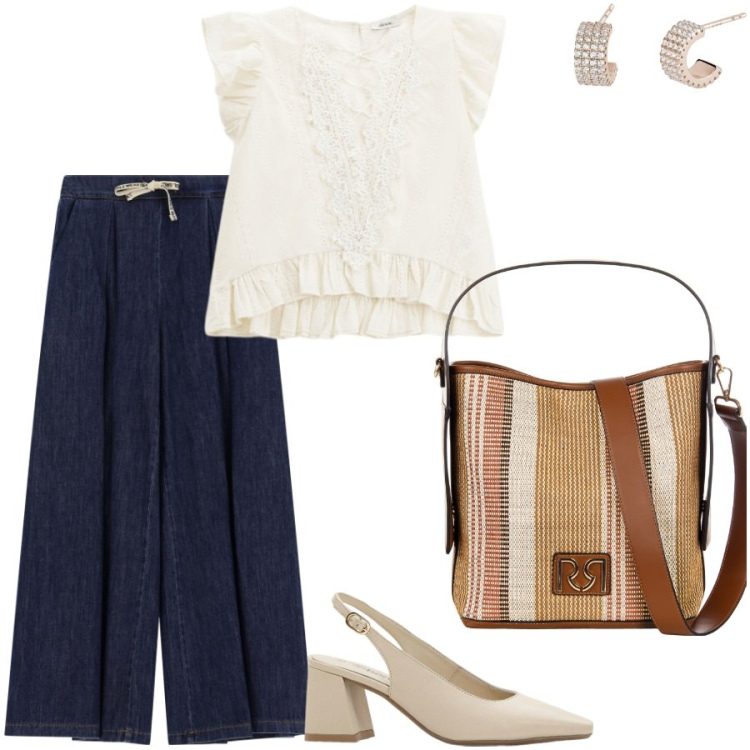 Outfit donna - Il top retrò. Stile Vintage retrò per Ufficio. Abbinamento con décolleté, orecchini, borse a secchiello, jeans, top.