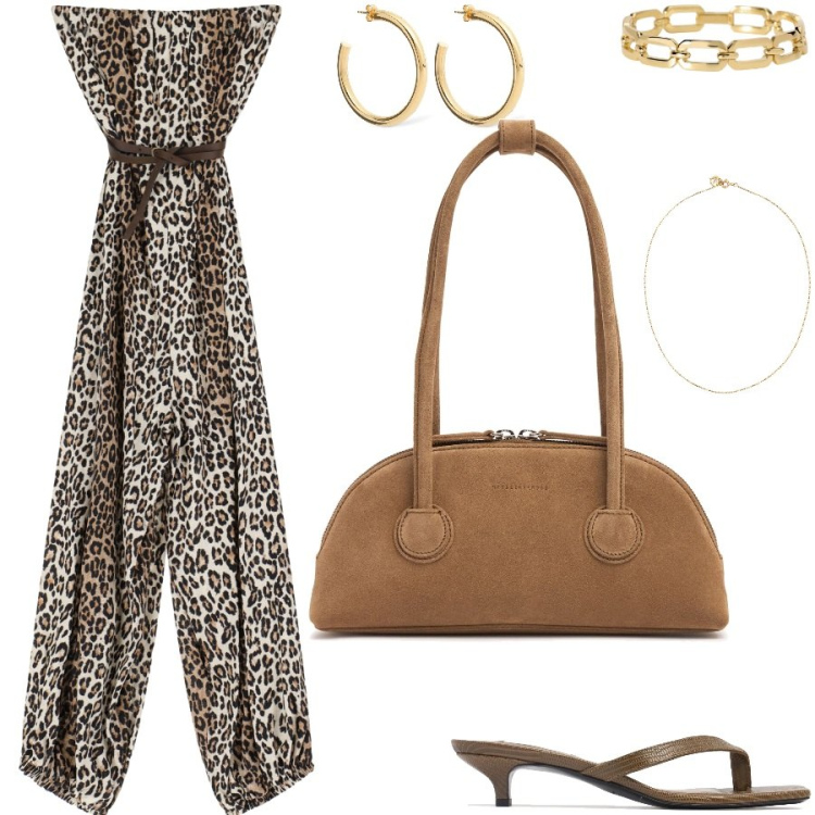 Outfit donna - La tuta animalier. Stile Casual chic per Tutti i giorni. Abbinamento con braccialetti, tute, borse a spalla, orecchini, collane, sandali in pelle.