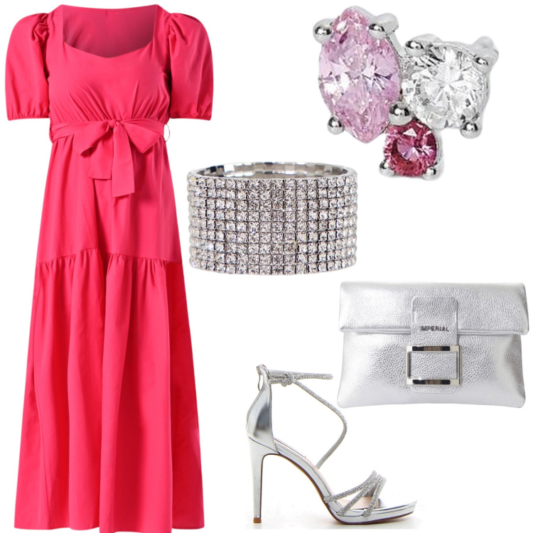 Outfit donna - Brillantissima. Stile Glamour per Serata fuori. Abbinamento con orecchini, vestiti lunghi, pochette, braccialetti, sandali col tacco.