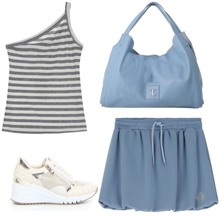 Outfit donna - Semplicemente gonnellina. Stile Minimal per Tutti i giorni. Abbinamento con minigonne, top, pochette, sneakers.