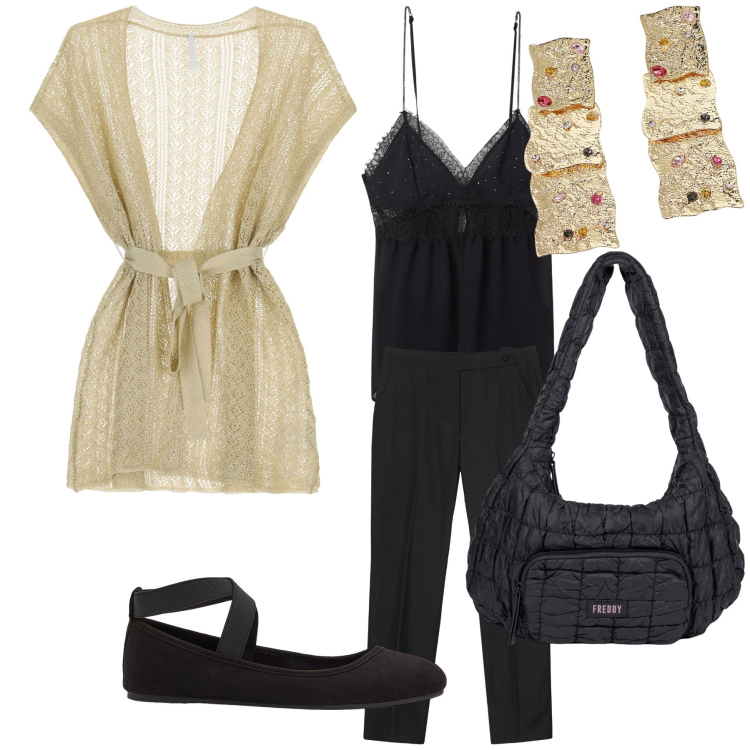 Outfit donna - Cardigan copri spalle. Stile Urban per Ufficio. Abbinamento con ballerine, canottiere, cappotti, borse a spalla, orecchini, pantaloni.