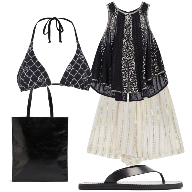 Outfit donna - Mare chic. Stile Bon Ton per Mare. Abbinamento con shorts, top, shopping bag, bikini, ciabatte.