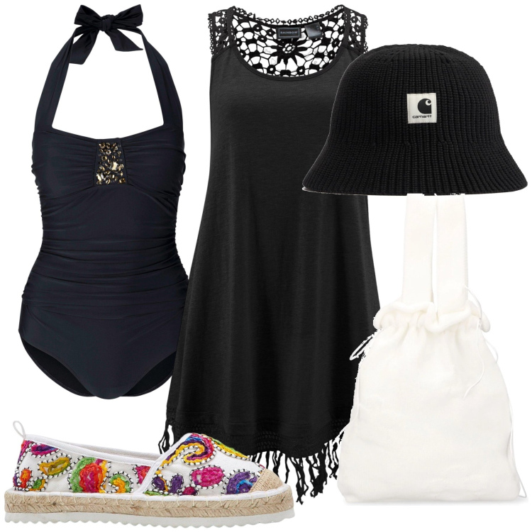 Outfit donna - Vivo al mare. Stile Trendy per Mare. Abbinamento con vestiti da spiaggia, costumi interi, espadrillas, borse a mano, cappelli.