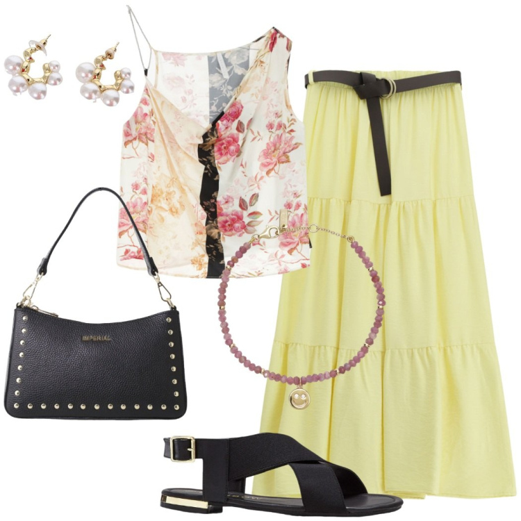 Outfit donna - Total look #2207541. Stile Casual chic per Serata fuori. Abbinamento con sandali, braccialetti, top, gonne lunghe, borse a spalla, orecchini.