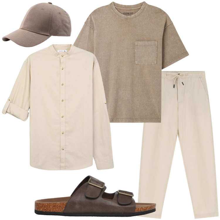 Outfit uomo - Viaggio estivo. Stile Casual per Tutti i giorni. Abbinamento con t-shirt, camicie, sandali, pantaloni chino, cappelli con visiera.