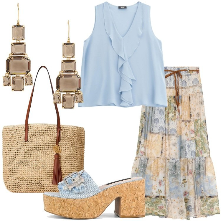 Outfit donna - Una gonna per luglio - @susystyle. Stile Boho per Tutti i giorni. Abbinamento con top, gonne lunghe, borse tote, orecchini, sandali.