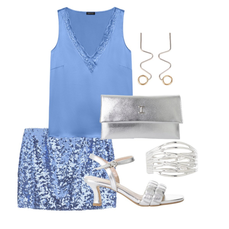 Outfit donna - Blue Night. Stile Sexy per Serata fuori. Abbinamento con minigonne, sandali col tacco, pochette, braccialetti, top, orecchini.