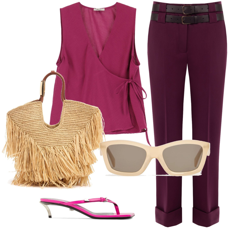 Outfit donna - Total look #2207567. Stile Chic per Tutti i giorni. Abbinamento con pantaloni, top, sandali in pelle, borse tote, occhiali da sole.