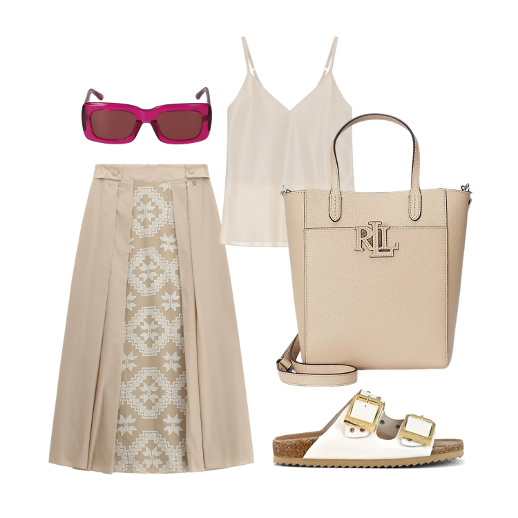 Outfit donna - Neutri&touchcolor. Stile Casual chic per Ufficio. Abbinamento con gonne lunghe, top, borse tote, sandali, occhiali da sole.
