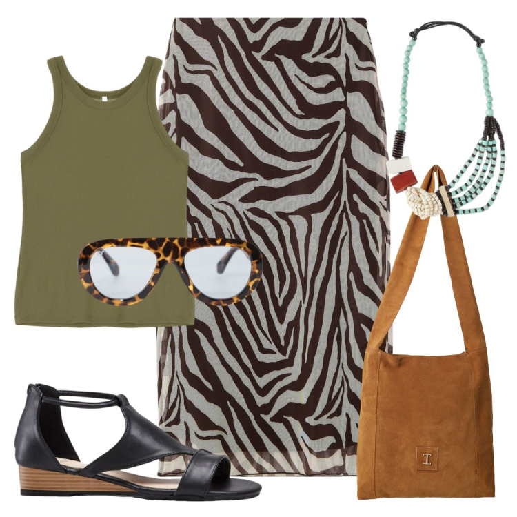 Outfit donna - Un caffè in centro. Stile Casual per Tutti i giorni. Abbinamento con sandali, gonne lunghe, occhiali da sole, borse a tracolla, canottiere, collane.
