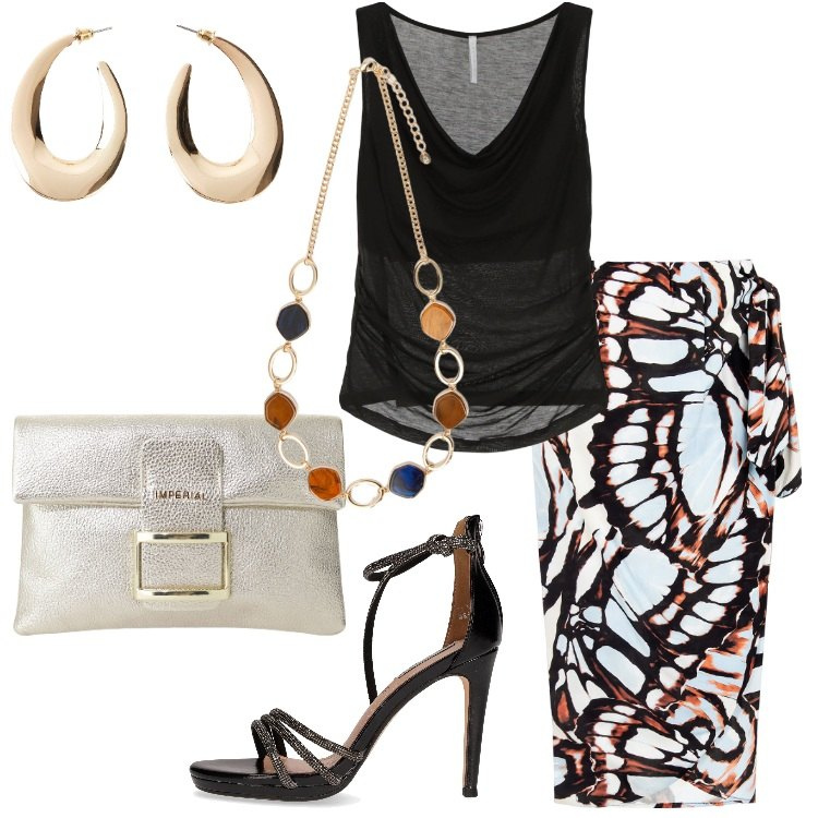 Outfit donna - Una gonna per luglio - @susystyle. Stile Chic per Serata fuori. Abbinamento con orecchini, gonne longuette, top, pochette, collane, sandali in pelle.