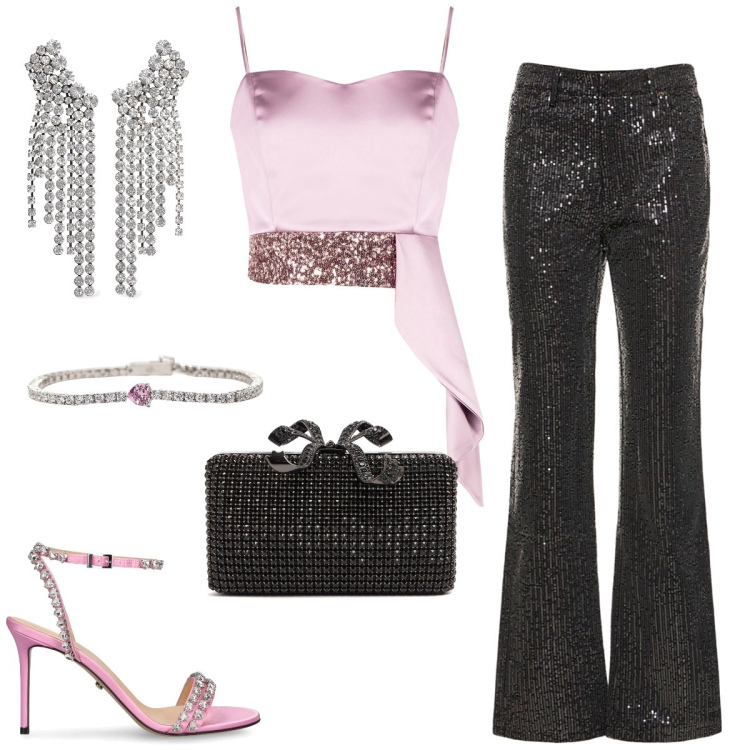 Outfit donna - Total look #2207586. Stile Glamour per Serata fuori. Abbinamento con braccialetti, top, pantaloni, pochette, sandali in pelle, orecchini.