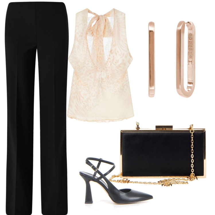 Outfit donna - Audace. Stile Chic per Serata fuori. Abbinamento con orecchini, pantaloni a palazzo, pochette, top, sandali col tacco.