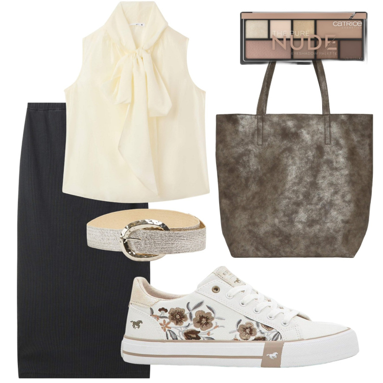 Outfit donna - Aperitivo serale. Stile Casual per Serata fuori. Abbinamento con sneakers, ombretti, gonne longuette, bluse, cinture, borse tote.