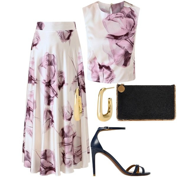 Outfit donna - Una gonna per luglio. Stile Bon Ton per Cerimonia. Abbinamento con orecchini, top, gonne lunghe, sandali col tacco, pochette.