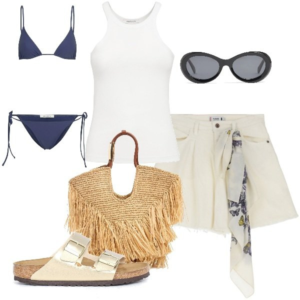 Outfit donna - Il costume perfetto. Stile Trendy per Mare. Abbinamento con shorts, ciabatte, borse tote, occhiali da sole, bikini, canottiere.
