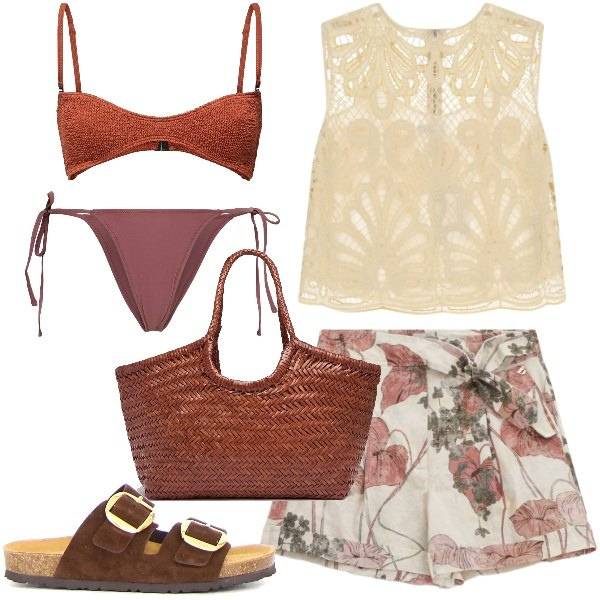 Outfit donna - Il costume perfetto. Stile Romantica per Mare. Abbinamento con top, shorts, bikini, ciabatte, shopping bag, bikini.