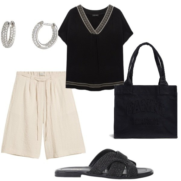 Outfit donna - Outifit di luglio. Stile Casual per Tutti i giorni. Abbinamento con bermuda, orecchini, sandali, bluse, shopping bag.