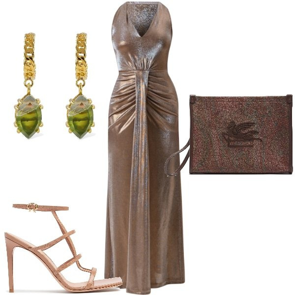 Outfit donna - Risplendi in una serata speciale. Stile Glamour per Serata fuori. Abbinamento con vestiti lunghi, clutch, orecchini, sandali in pelle.