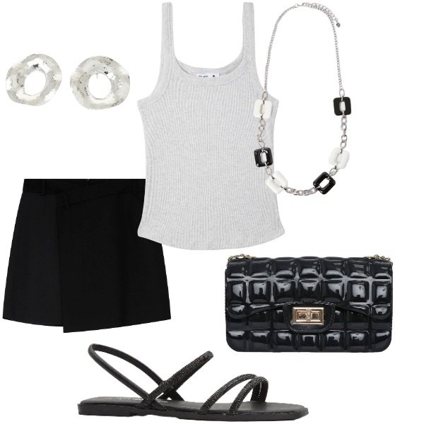 Outfit donna - Le serate di Luglio. Stile Casual per Serata fuori. Abbinamento con sandali, canottiere, borse a tracolla, minigonne, orecchini, collane.