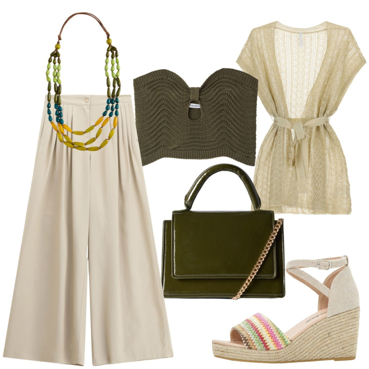 Outfit donna - Un tocco di verde. Stile Boho per Tutti i giorni. Abbinamento con sandali, top, borse a tracolla, pantaloni a palazzo, cappotti, collane.