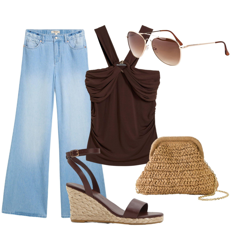 Outfit donna - Versatile in jeans. Stile Glamour per Tutti i giorni. Abbinamento con occhiali da sole, jeans, sandali, top, borse a tracolla.