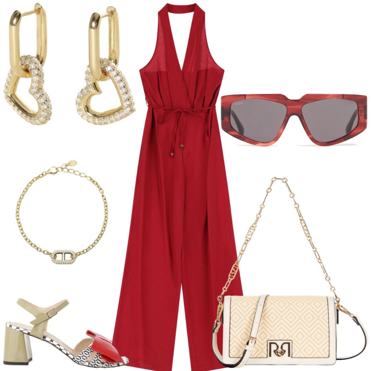 Outfit donna - In rosso. Stile Casual chic per Tutti i giorni. Abbinamento con borse a tracolla, orecchini, braccialetti, tute, sandali col tacco, occhiali da sole.