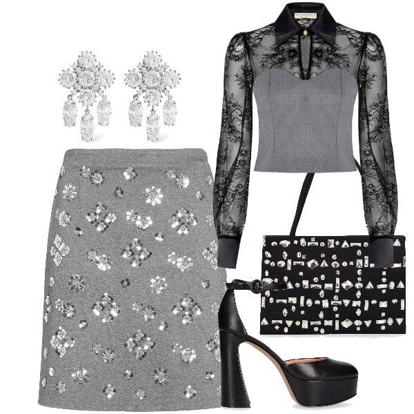 Outfit donna - Risplendi in una serata speciale. Stile Vintage retrò per Serata fuori. Abbinamento con bluse, borse a spalla, minigonne, orecchini, décolleté.