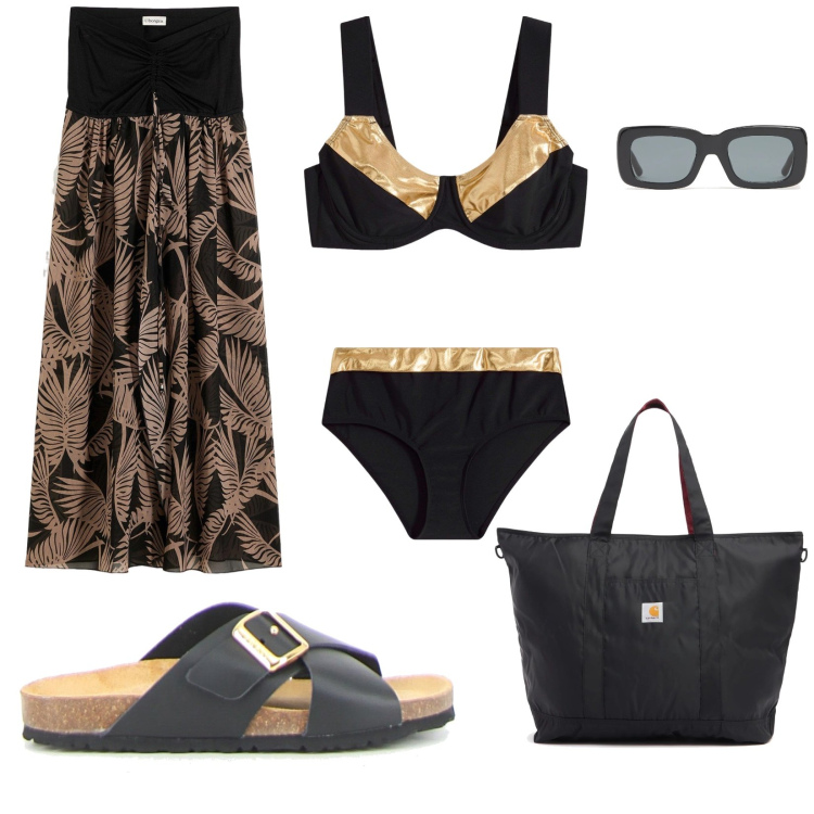 Outfit donna - Il costume perfetto. per Mare. Abbinamento con vestiti da spiaggia, bikini, occhiali da sole, ciabatte, shopping bag.