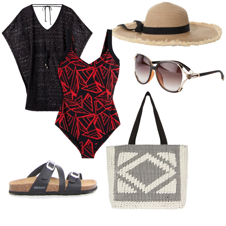 Outfit donna - Il costume perfetto. per Mare. Abbinamento con costumi interi, occhiali da sole, vestiti da spiaggia, cappelli, shopping bag, ciabatte.