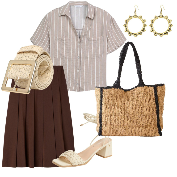 Outfit donna - Una gonna per luglio. per Ufficio. Abbinamento con shopping bag, camicie a manica corta, gonne lunghe, sandali alla schiava, cinture, orecchini.