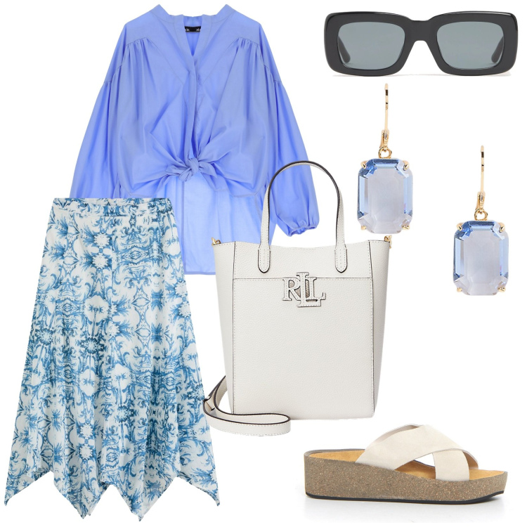 Outfit donna - Una gonna per luglio a Positano. per Mare. Abbinamento con gonne, camicie, orecchini, borse tote, ciabatte, occhiali da sole.