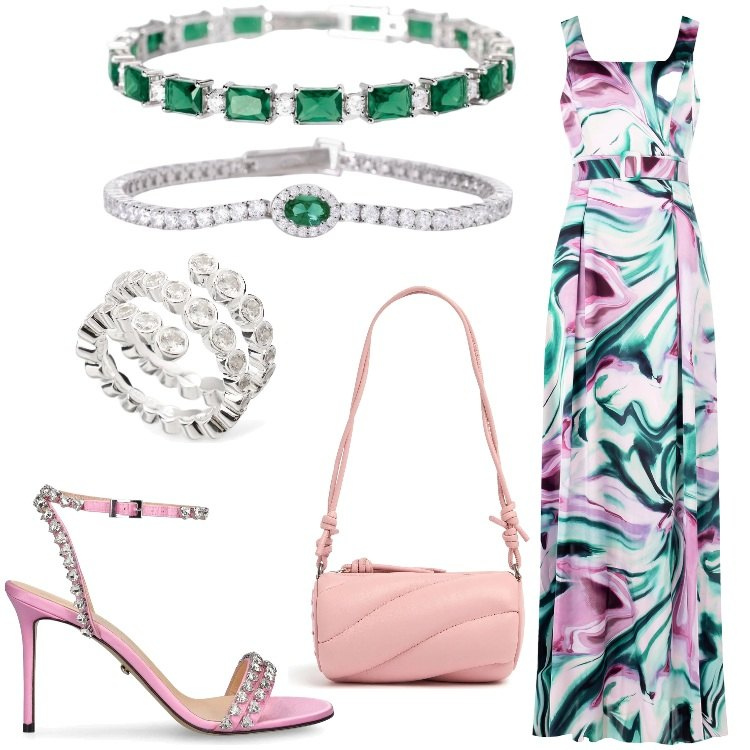 Outfit donna - Brillare. Stile Chic per Serata fuori. Abbinamento con braccialetti, braccialetti, vestiti lunghi, anelli, sandali in pelle, borse a spalla.