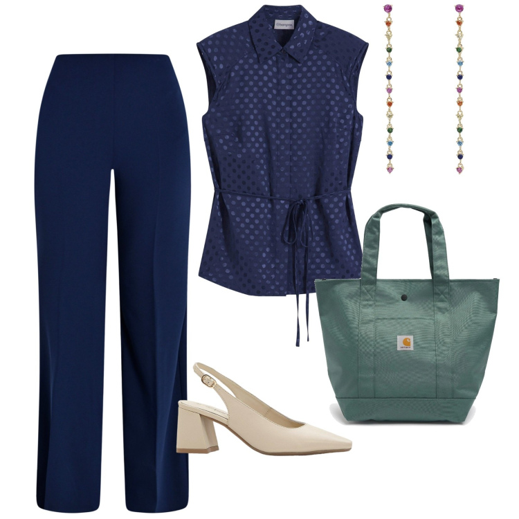 Outfit donna - A. lavoro. per Ufficio. Abbinamento con décolleté, bluse, orecchini, pantaloni a palazzo, borse tote.