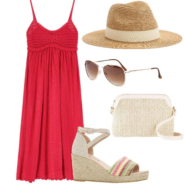 Outfit donna - Outifit di luglio. Stile Casual per Tutti i giorni. Abbinamento con borse a tracolla, occhiali da sole, sandali, cappelli, vestiti.