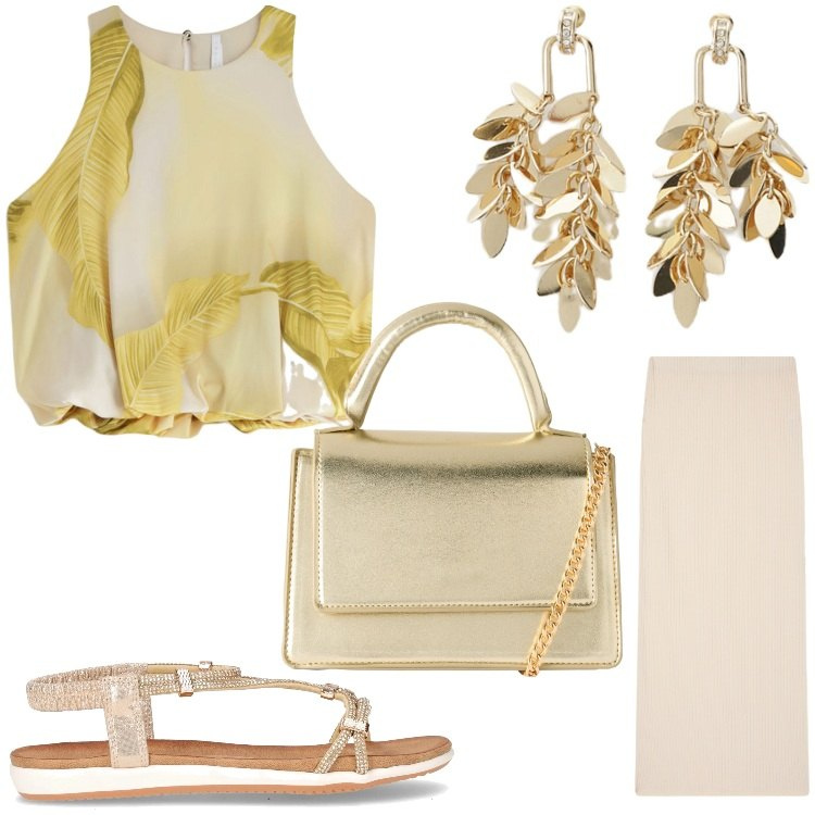 Outfit donna - Estate d´oro. Stile Chic per Serata fuori. Abbinamento con borse a tracolla, gonne lunghe, top, orecchini, sandali in pelle.