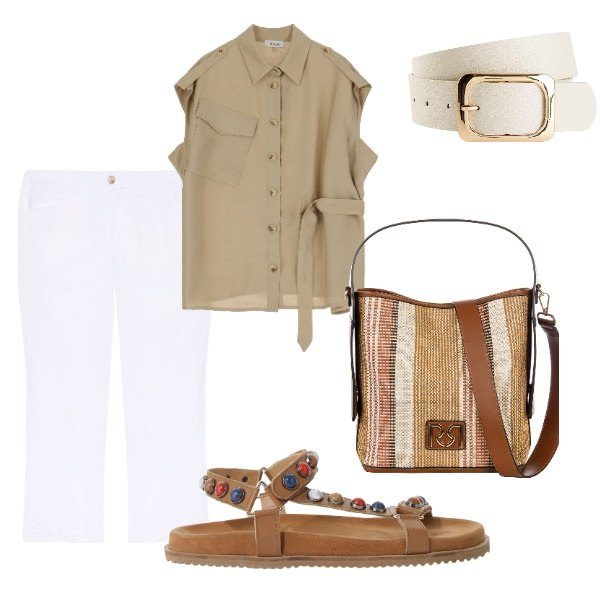 Outfit donna - Outifit di luglio. Stile Casual per Tutti i giorni. Abbinamento con cinture, borse a secchiello, camicie, sandali, pantaloni.