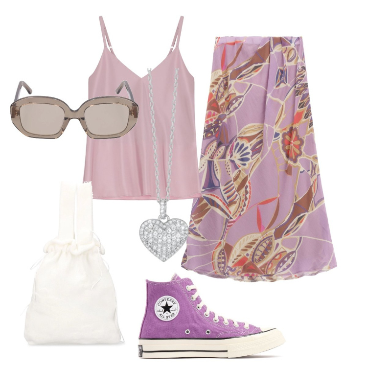 Outfit donna - Lilla per luglio. Stile Casual chic per Tutti i giorni. Abbinamento con collane, gonne lunghe, top, sneakers alte, occhiali da sole, borse a mano.