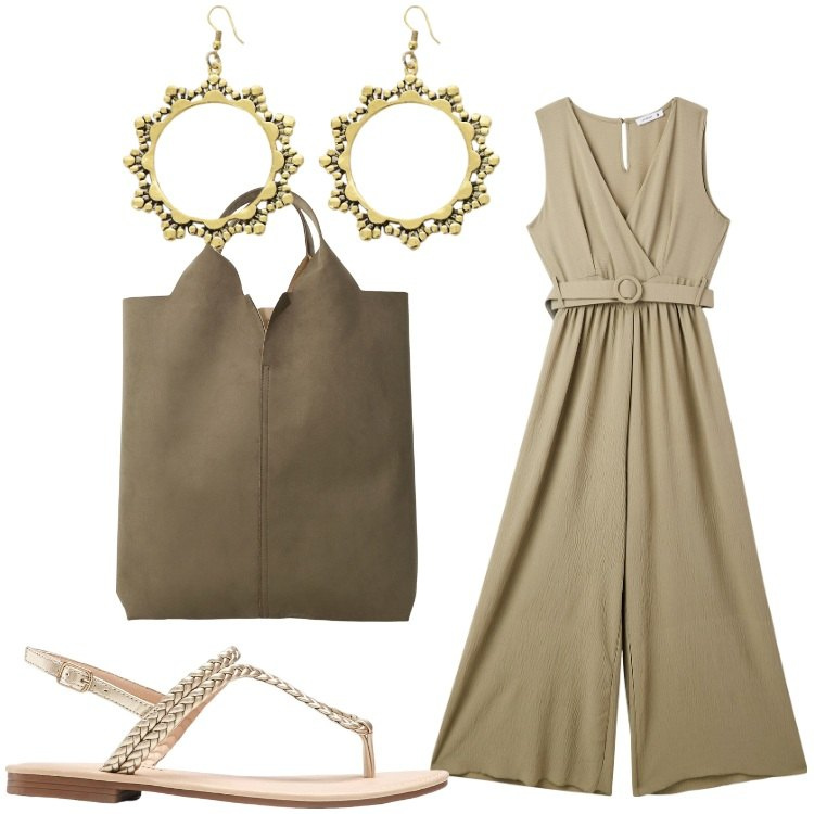 Outfit donna - Colori del bosco. Stile Casual chic per Ufficio. Abbinamento con ciabatte, tute, shopping bag, orecchini.