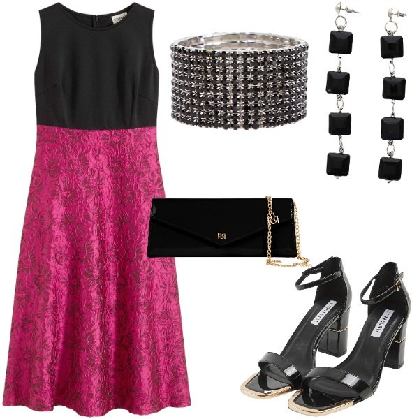 Outfit donna - Cerimonia tra intimi. Stile Glamour per Cerimonia. Abbinamento con vestiti midi/longuette, sabot, pochette, braccialetti, orecchini.