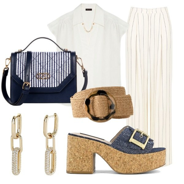 Outfit donna - Navy Stripes. Stile Casual chic per Ufficio. Abbinamento con cinture, orecchini, pantaloni, borse a mano, sandali, bluse.
