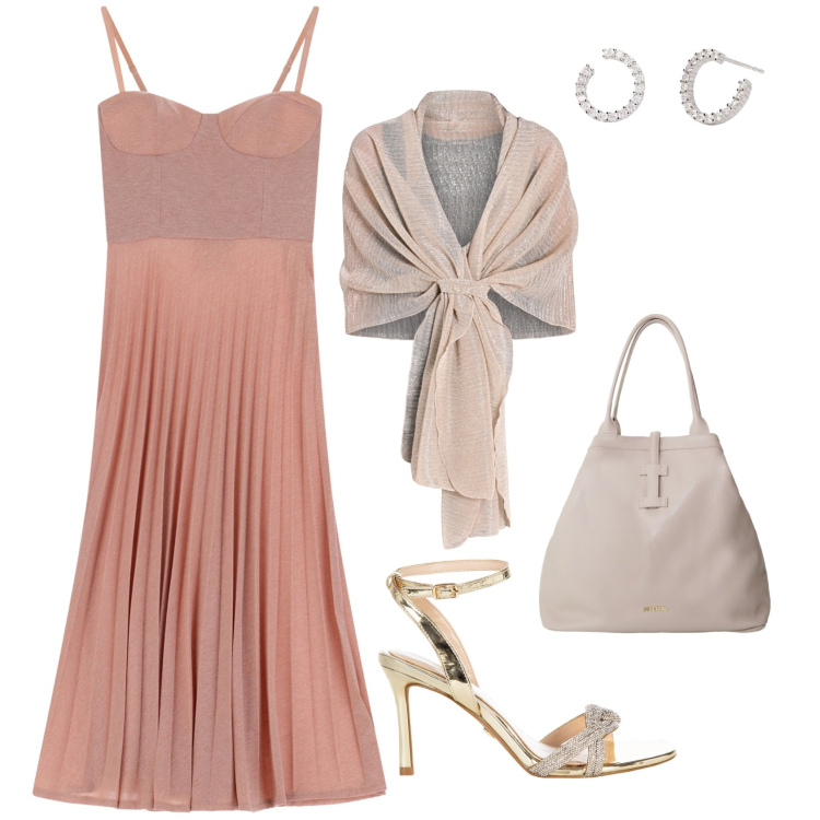 Outfit donna - Total look #2207648. Stile Chic per Serata fuori. Abbinamento con orecchini, stole, sandali col tacco, vestiti midi/longuette, borse tote.